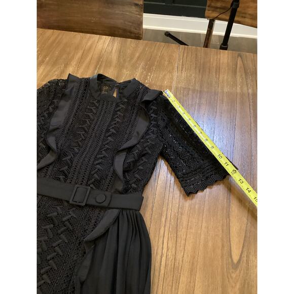 Self Portrait Geometric Black Lace Midi Dress short sleeve ruffle accents 2 - Picture 3 of 12